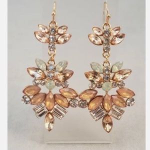 Large Peach Color Faux Crystal Gold Tone Statement Dressy Long Pierced Earrings